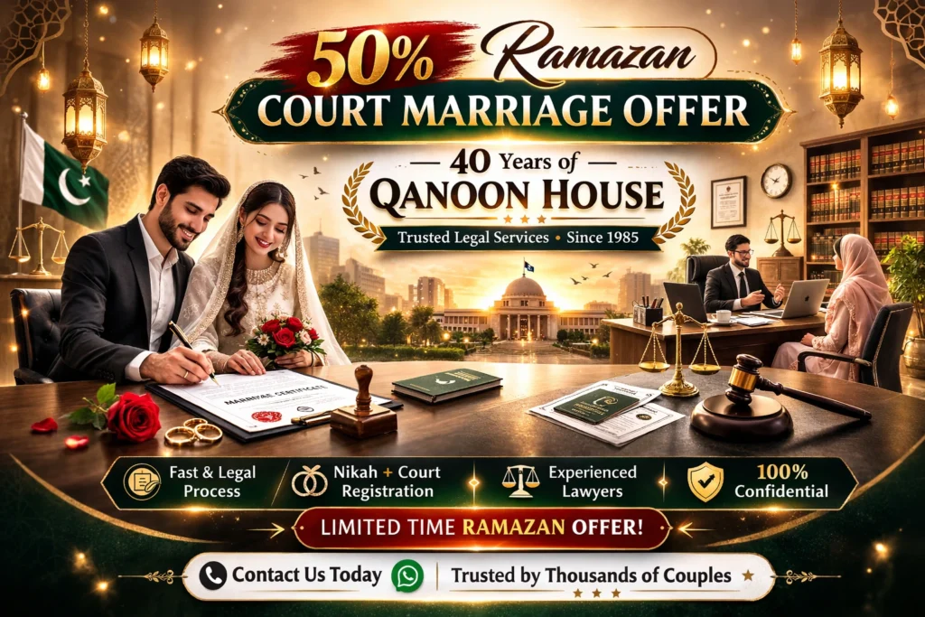 Couple signing Nikah documents during Ramazan court marriage in Pakistan
