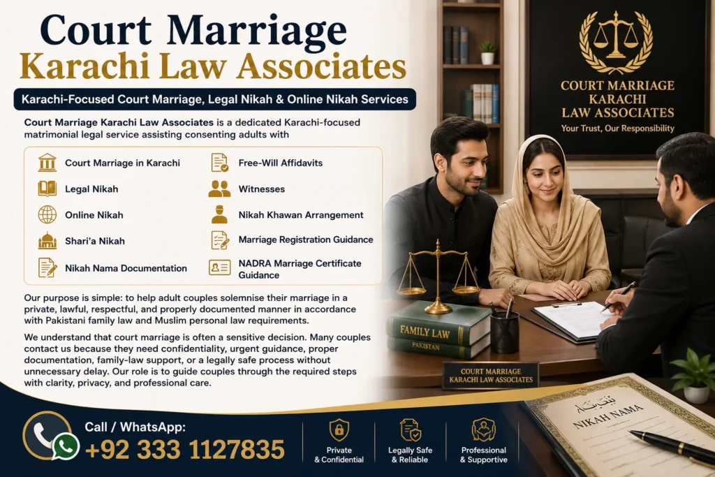 Court Marriage Karachi Law Associates office consultation banner showing a Muslim couple meeting with a lawyer for court marriage in Karachi, legal Nikah, Online Nikah, Nikah Nama documentation, marriage registration guidance, and confidential family law services.