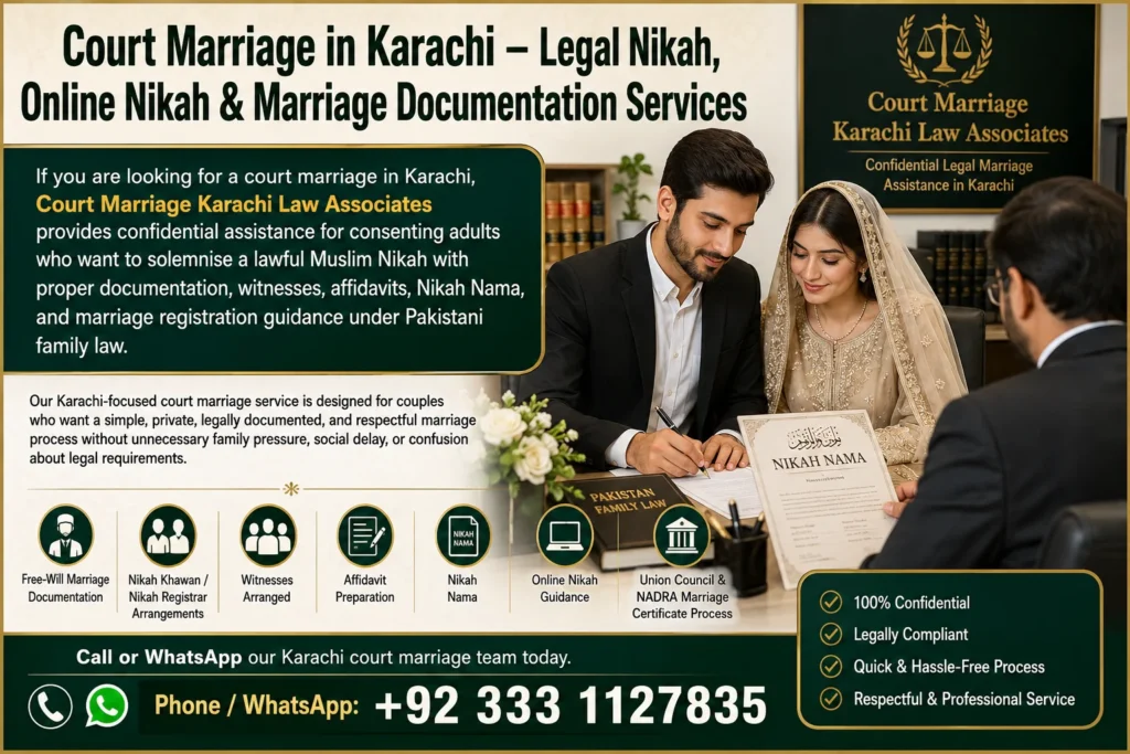 Court Marriage in Karachi – Muslim couple signing Nikah documents at a law office with legal marriage documentation, online Nikah, Nikah Nama, witnesses, and court marriage assistance in Karachi, Pakistan.