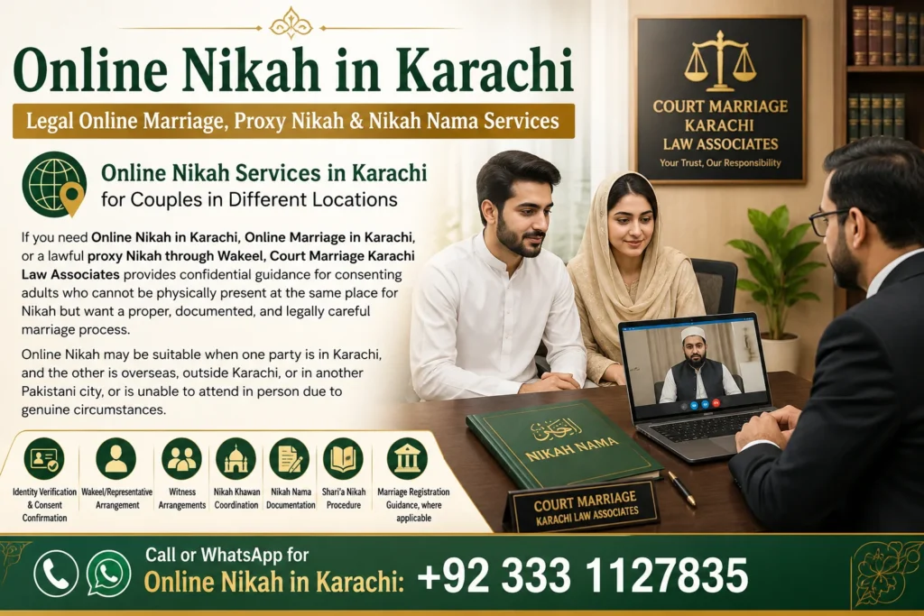 Online Nikah in Karachi banner showing a Muslim couple meeting with a lawyer in a professional office for legal online marriage, proxy Nikah, Nikah Nama documentation, and marriage registration services.